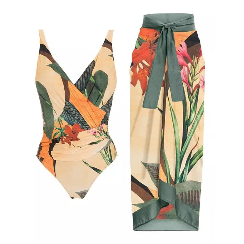 Women's solid colour one-piece swimsuit with spaghetti straps and removable skirt