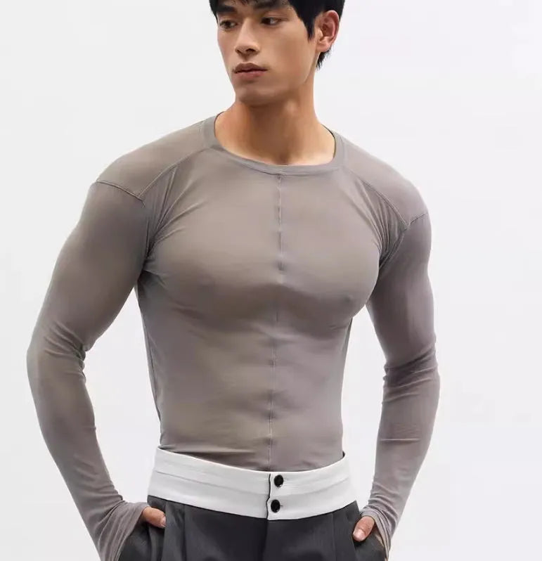 Black slim-fit long sleeve PU pullover with a see-through mesh texture on a model.