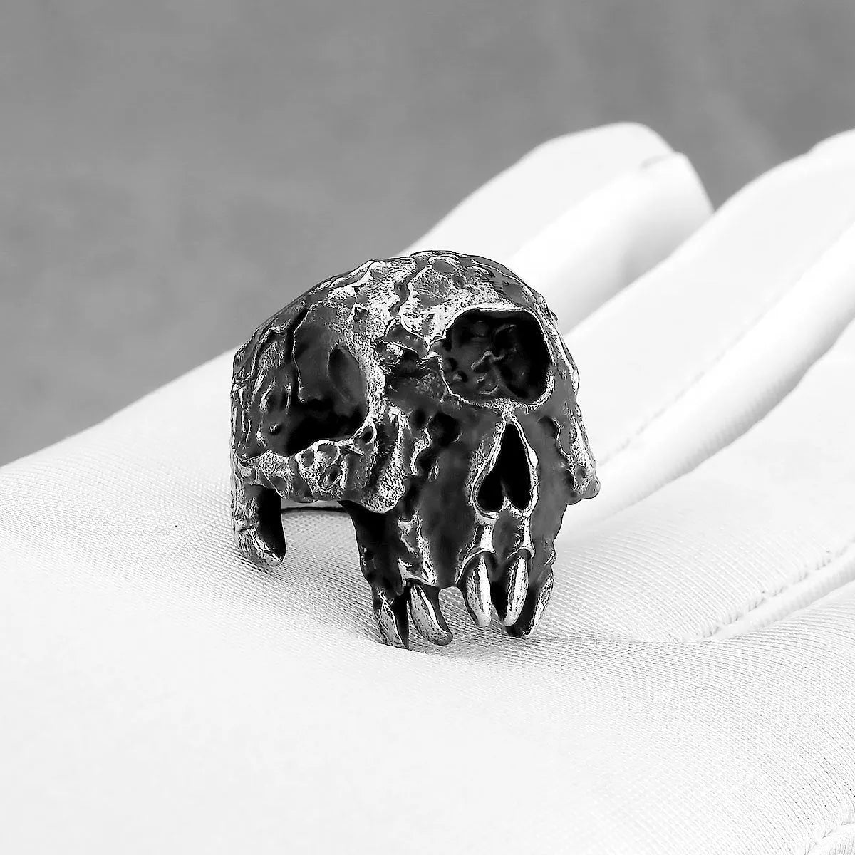 Alloy skull ring with one-eyed design and electroplated finish showing retro styling
