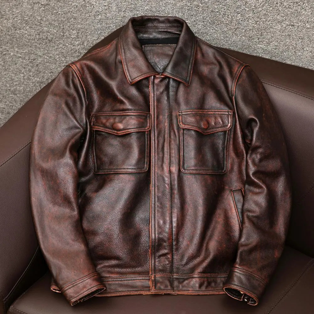 Men's black plus size lapel leather jacket with side pockets and loose fit design
