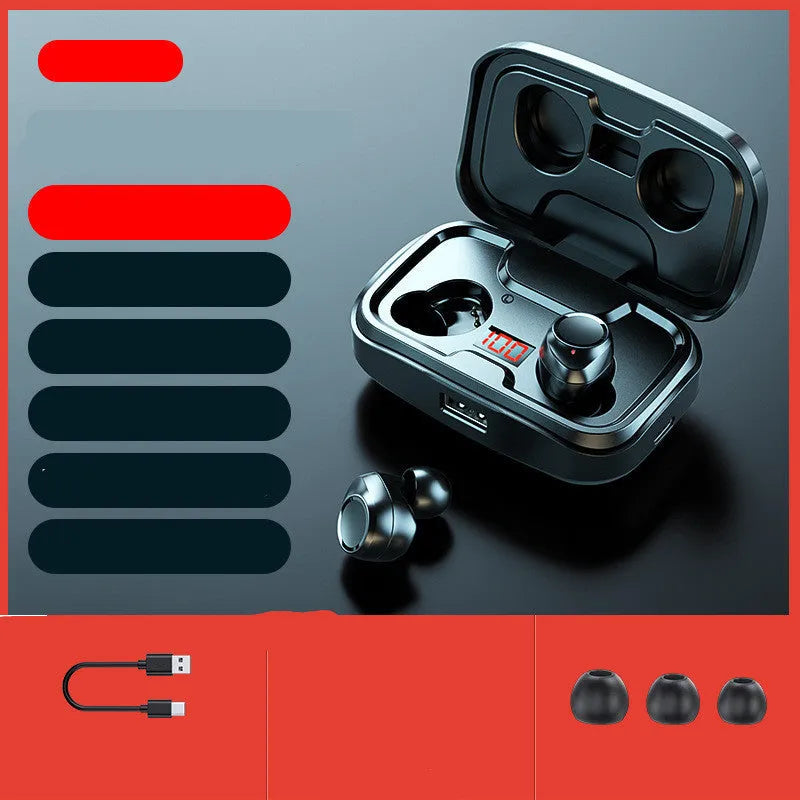 Black wireless Bluetooth earphones with in-ear design showing stereo binaural configuration