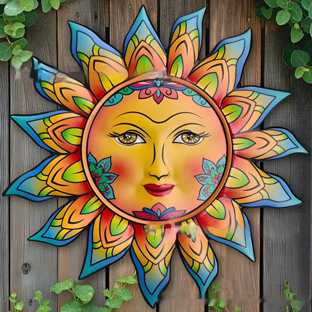 Iron sun face metal wall hanging decoration on a plain background