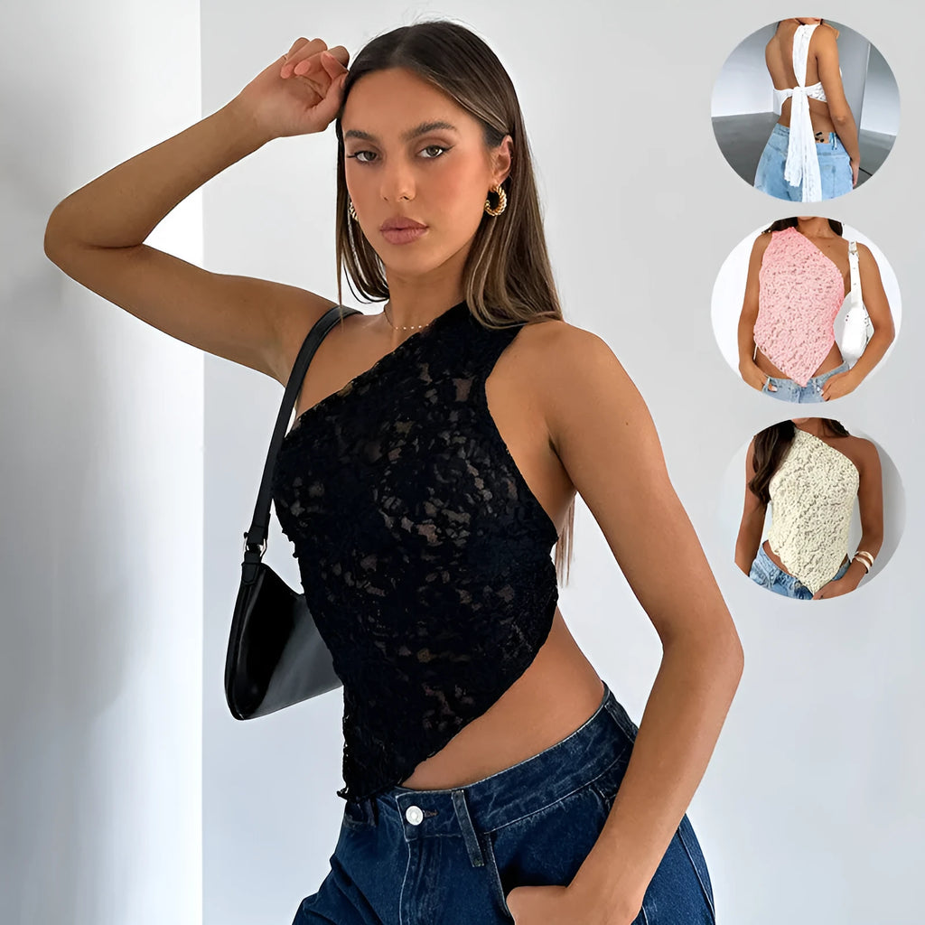 Women's lace backless sleeveless vest with asymmetrical sloped neck in solid colour Polyester fabric