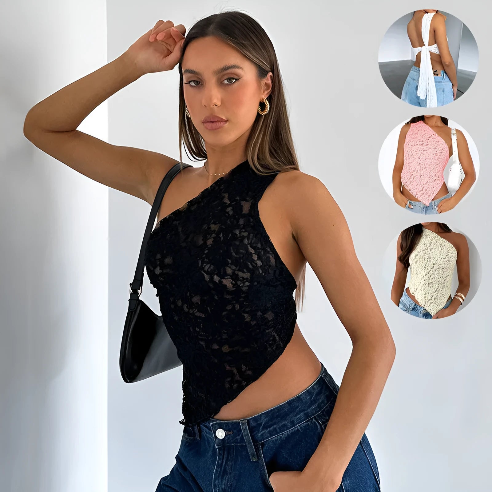Women's lace backless sleeveless vest with asymmetrical sloped neck in solid colour Polyester fabric