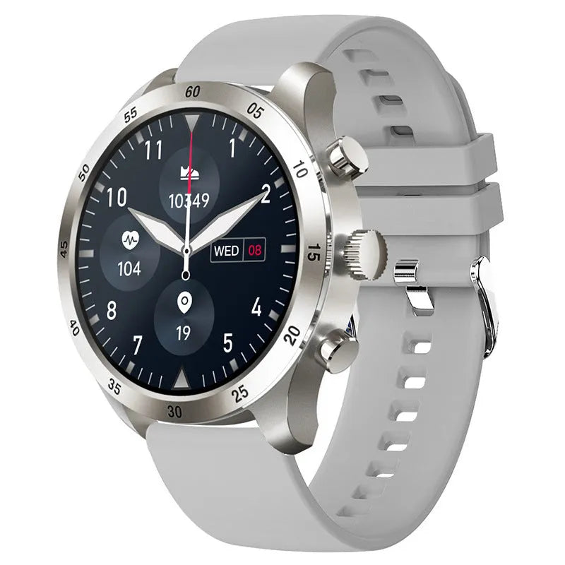 Black smart watch with touch screen displaying heart rate and call functions