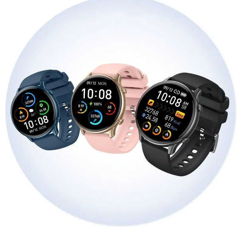 Round smart sports watch with touch screen and silicone strap showing heart rate display