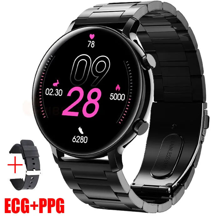 Bluetooth call smartwatch with stainless steel strap showing health metrics on 41mm display