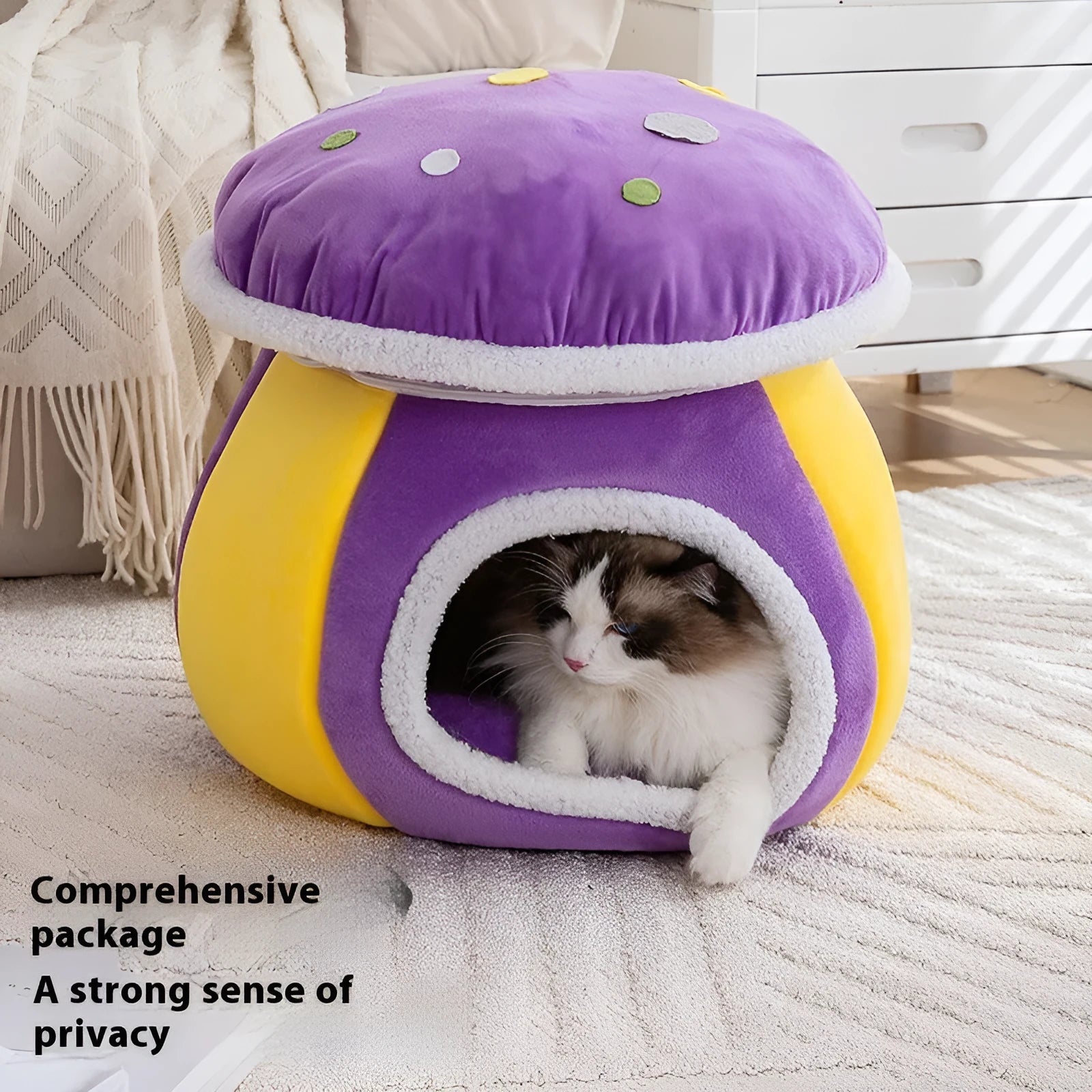 Purple mushroom-shaped plush cat nest bed for pets on a wooden floor
