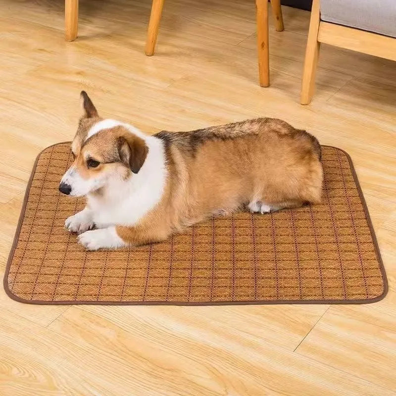 Brown rattan fibre dog cooling mat shown in multiple size options