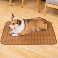 Brown rattan fibre dog cooling mat shown in multiple size options
