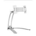 Silver aluminium alloy adjustable desktop stand holding a tablet, showing 360-degree rotation and mounting hardware.