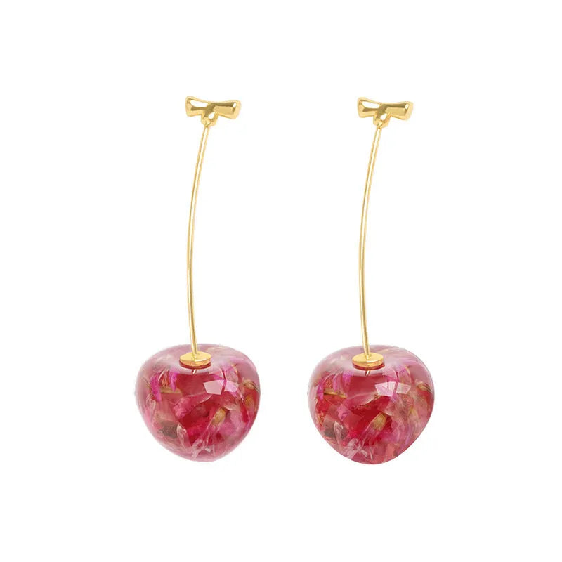 Red alloy cherry earrings with a long sweet fashionable drop design for women