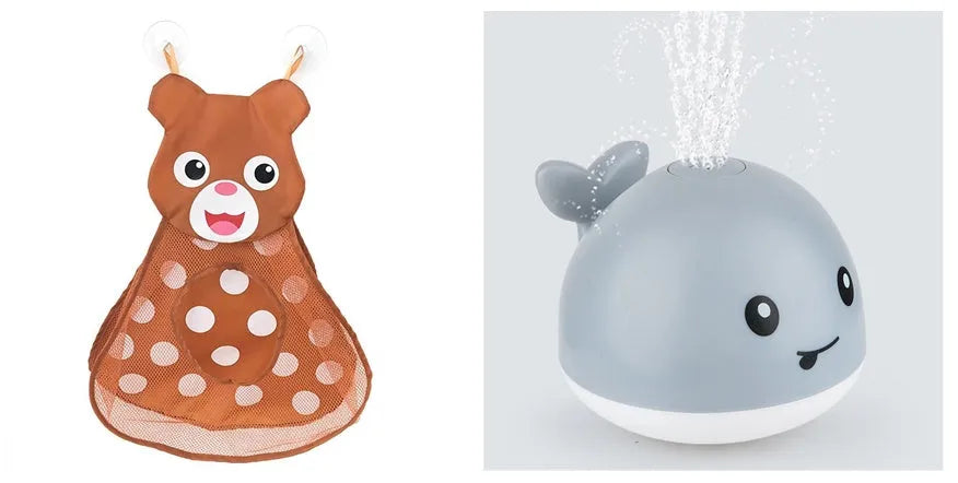 Whale-shaped electric bath toy spraying water with flashing lights, on a blue base.