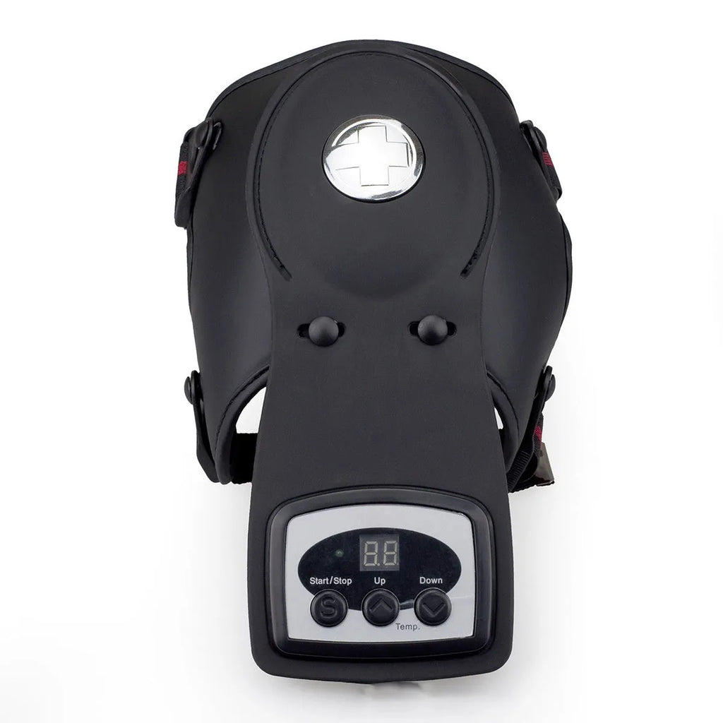 Knee massager host unit with infrared heat function, adjustable temperature control, and included knee pads and shoulder pads.