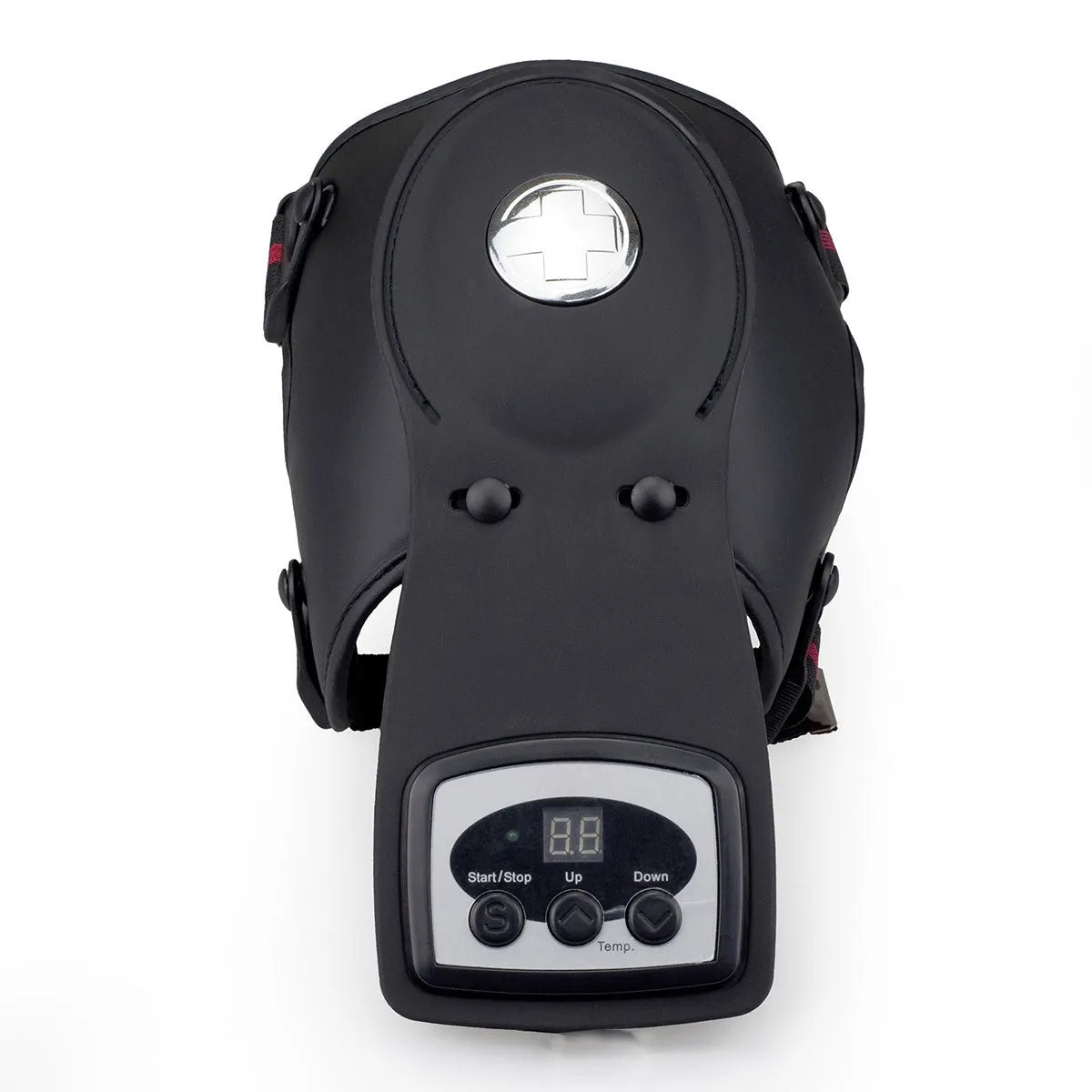 Knee massager host unit with infrared heat function, adjustable temperature control, and included knee pads and shoulder pads.