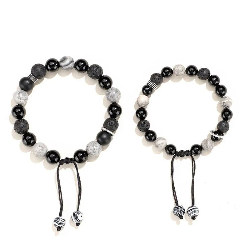 Black agate map stone volcanic rock bracelet with diamond design in 10mm and 8mm sizes