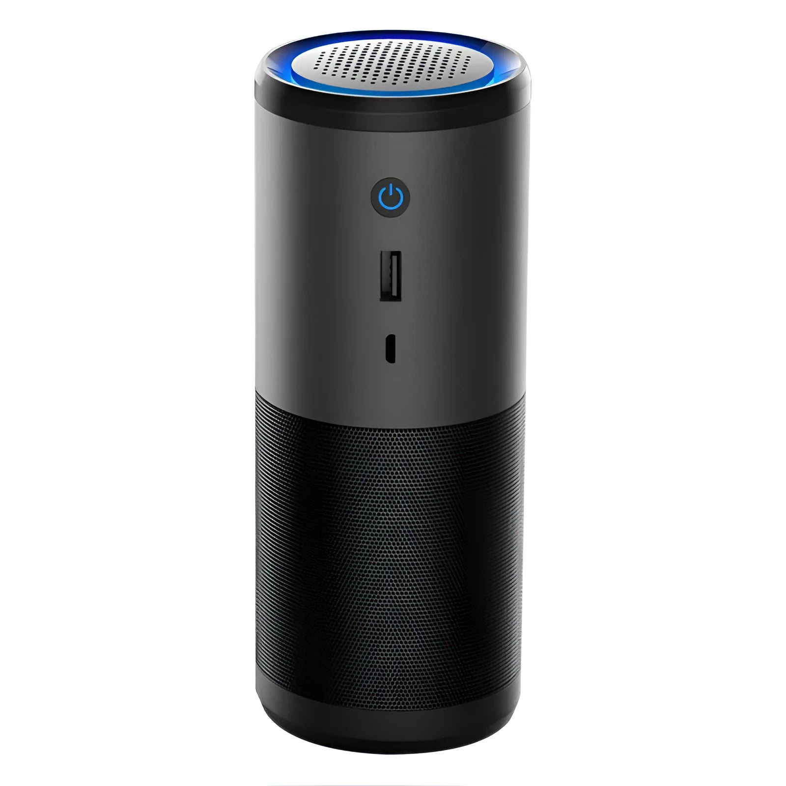 Black portable mini car air purifier with smart sensor display, measuring 6.2 by 17.2 cm