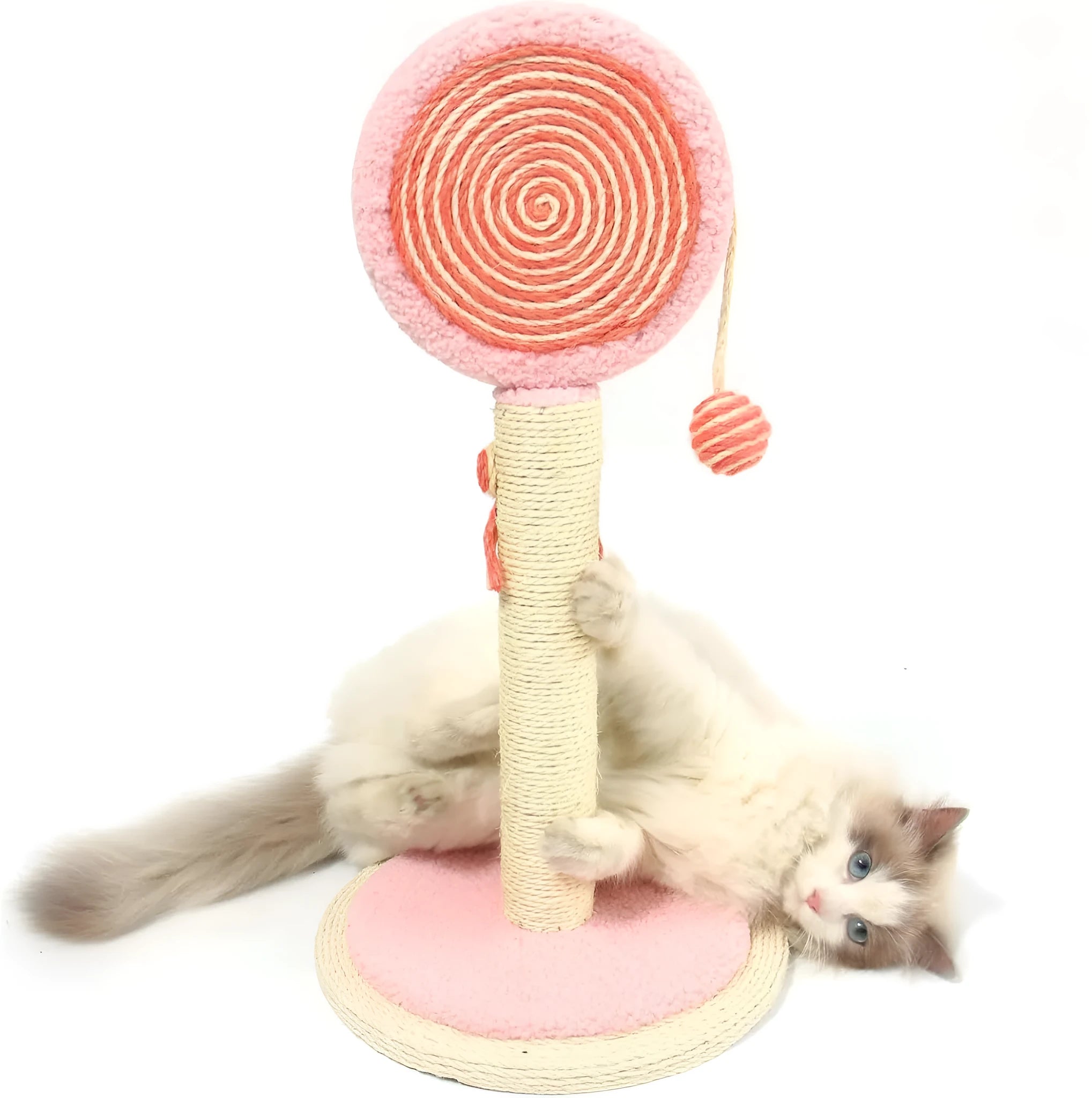 Blue sisal rope cat scratching post with a hanging toy ball on a sturdy wooden base.