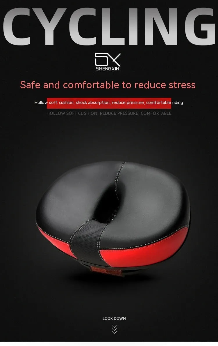 Large red thickened bicycle saddle with shock absorber and reflective sticker, dimensions 210x270mm.