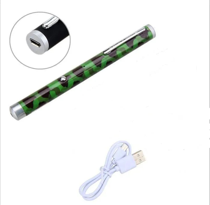 Set of three green laser pointer pens in black, white, and camouflage colours with 5mw output and long-range visibility.