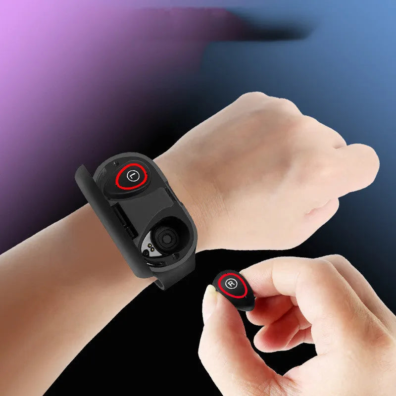 Smart bracelet and earphone combo with silicone wristband in choice of colours showing 1-inch screen