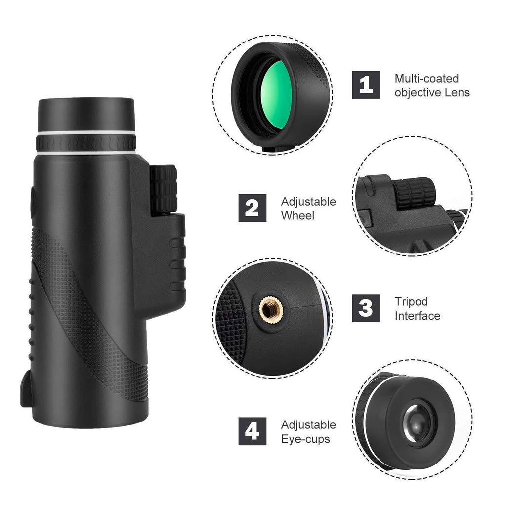 Black HD 40x60 smartphone monocular telescope with 60mm objective lens shown next to a mobile phone.