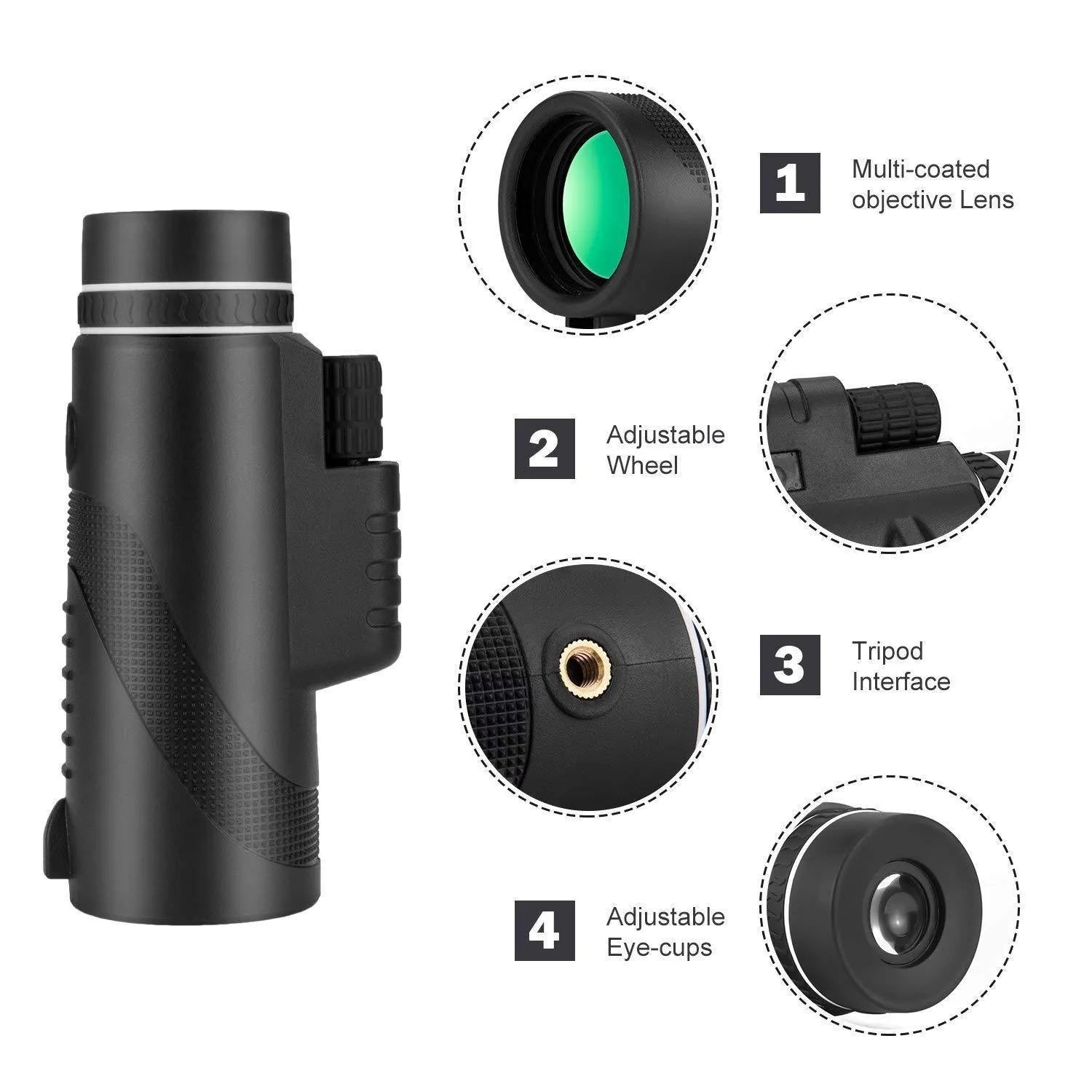 Black HD 40x60 smartphone monocular telescope with 60mm objective lens shown next to a mobile phone.