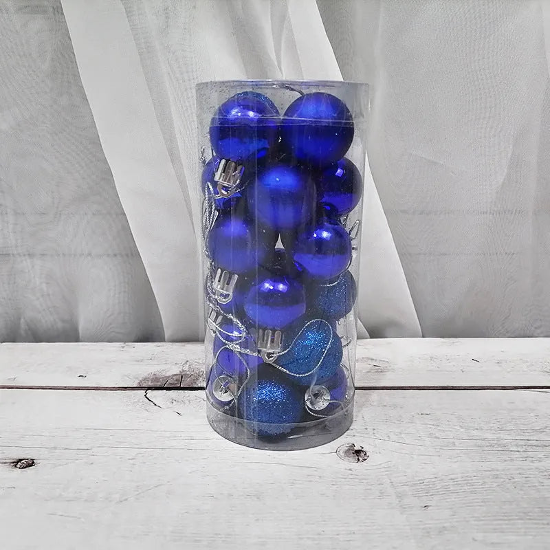 Assorted 3cm diameter electroplated plastic Christmas balls stored in a tall plastic barrel