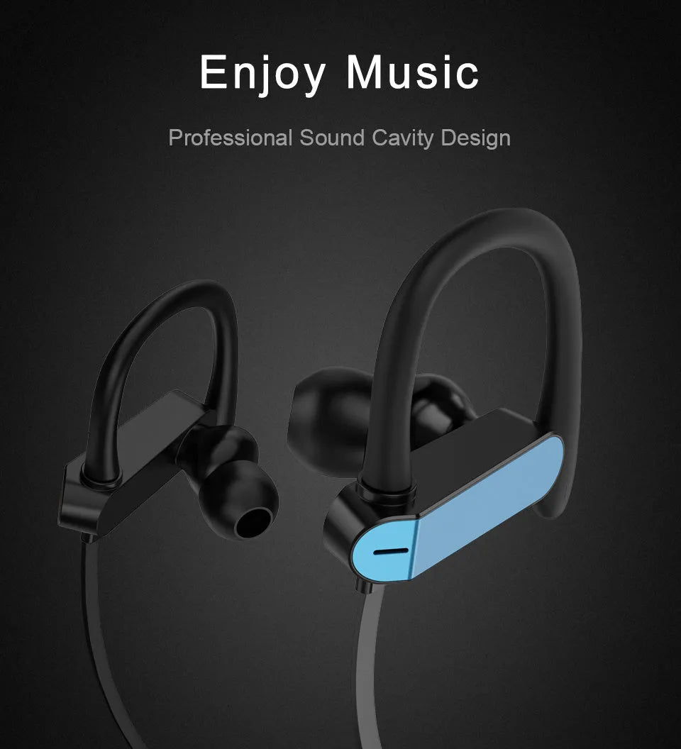 Sport ear hook earbuds with flexible hooks and gel silicone tips in black blue colour variant