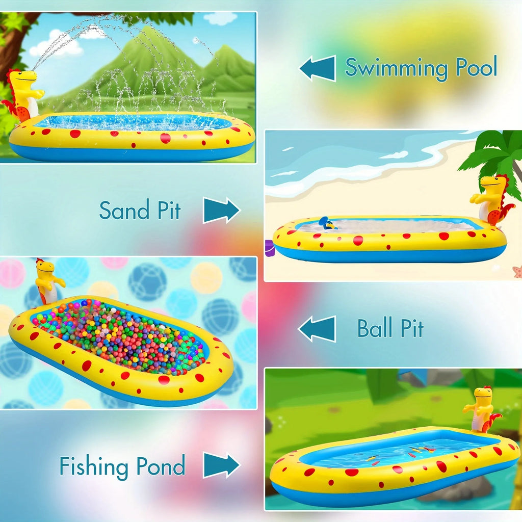 Blue dinosaur-themed inflatable water play pool with spray features for children's outdoor use