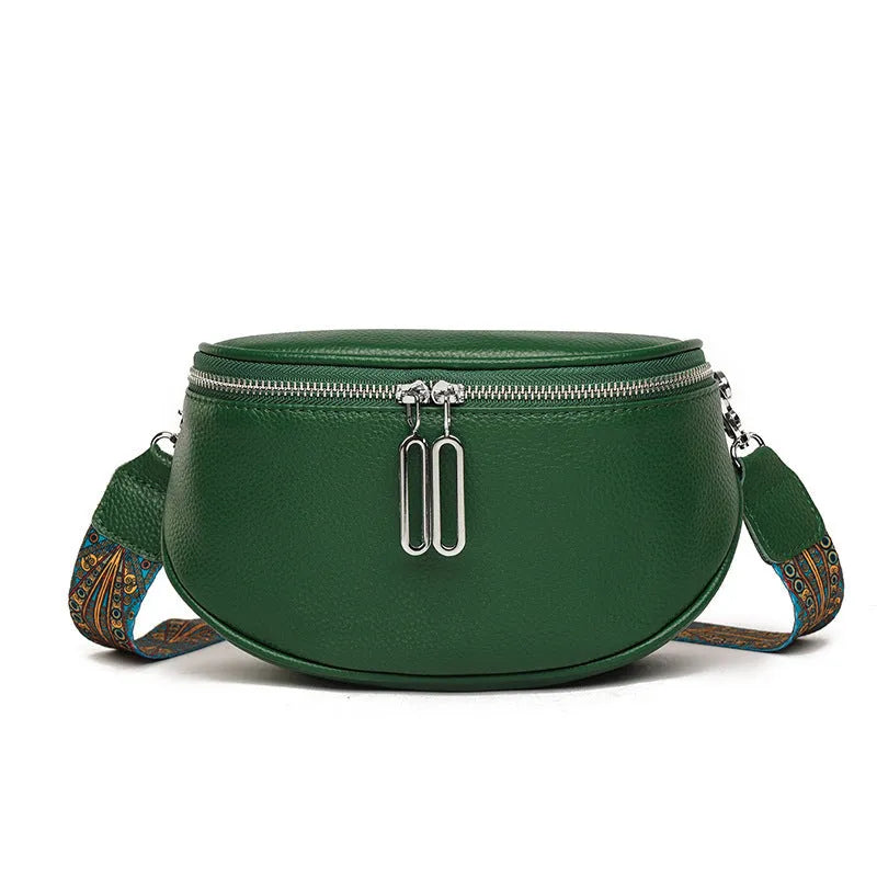 Women's black PU leather casual messenger bag with saddle shape and cross-body strap