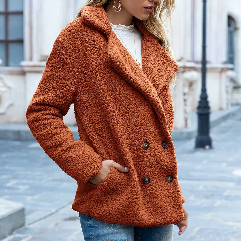 A loose lapel fluffy button coat for women in a choice of twelve colours, shown on a size chart.