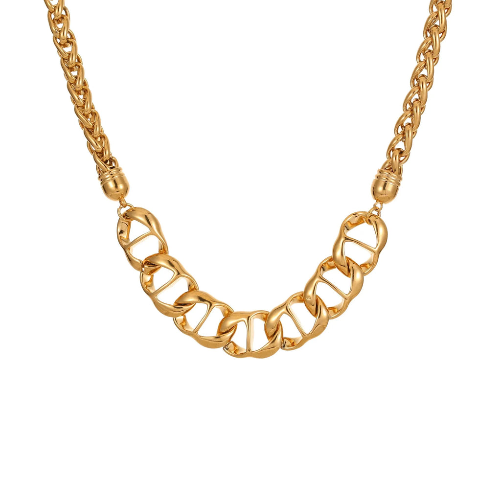 Stainless steel necklace with geometric pendant and electroplated 18K gold finish