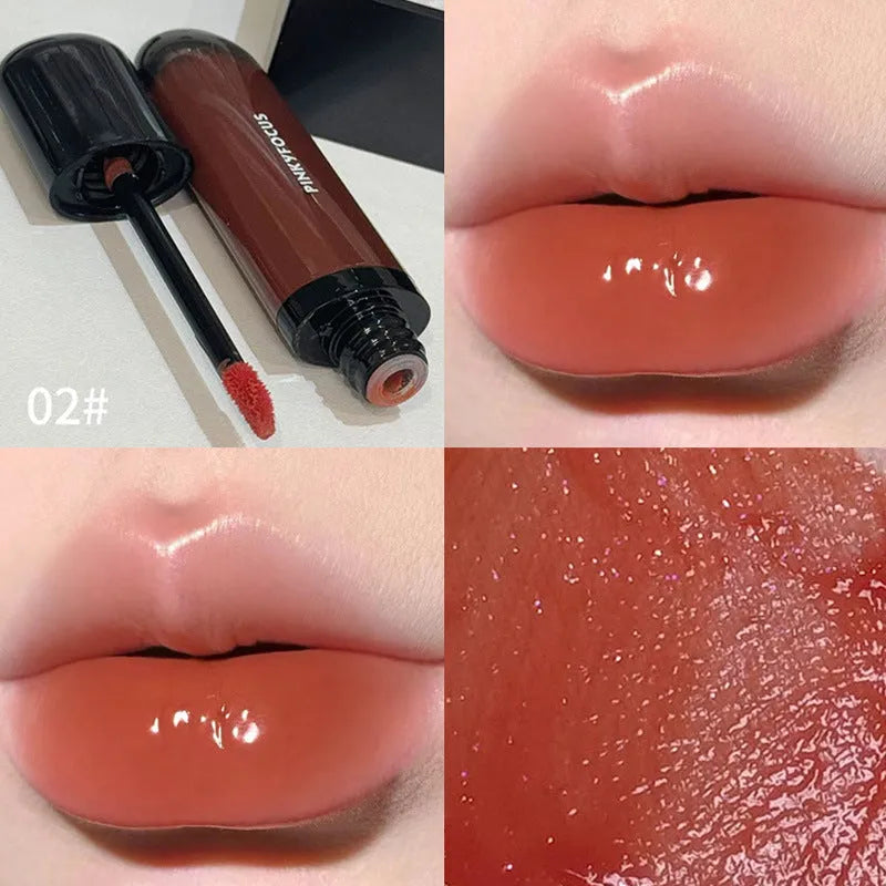 Black Shiny Makeup Mirror Lip Lacquer tube showing six colour options including tomato, orange brown, brown, rose, red, and sweet potato shades