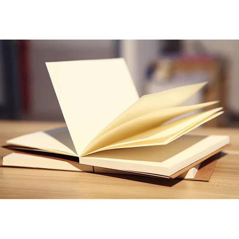 Kraft paper sketchbook with wireless binding open to a blank page