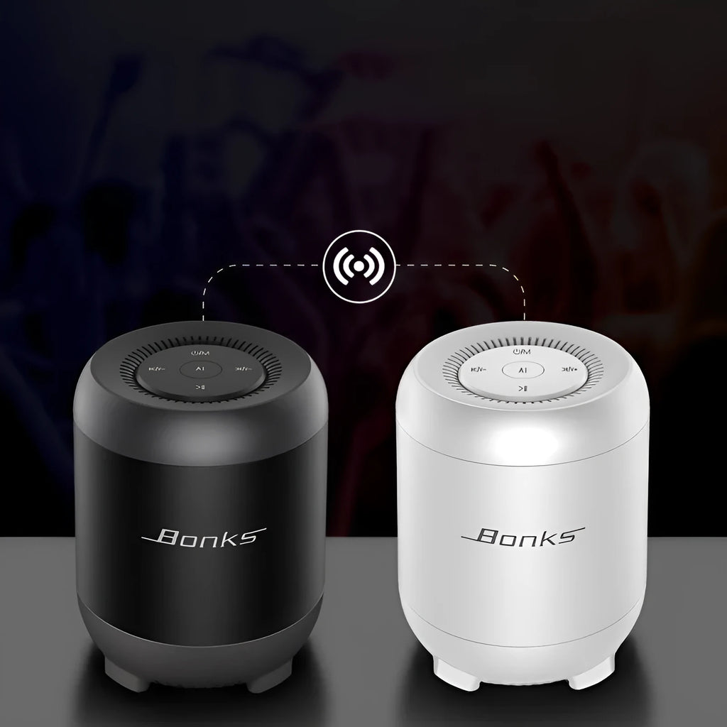 Black and white Bluetooth speaker with AI voice control showing USB port and control buttons