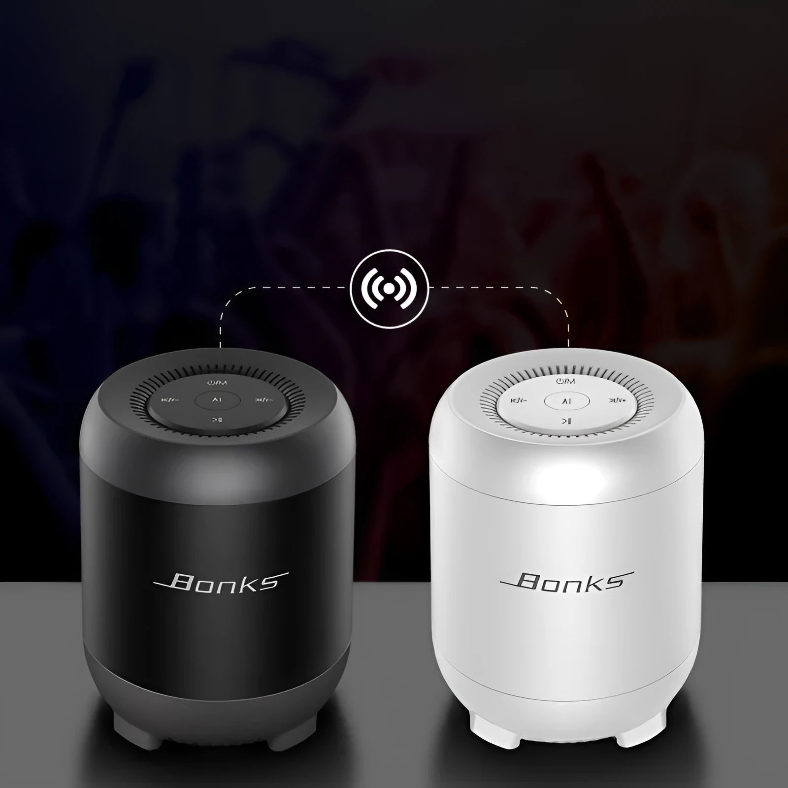 Black and white Bluetooth speaker with AI voice control showing USB port and control buttons