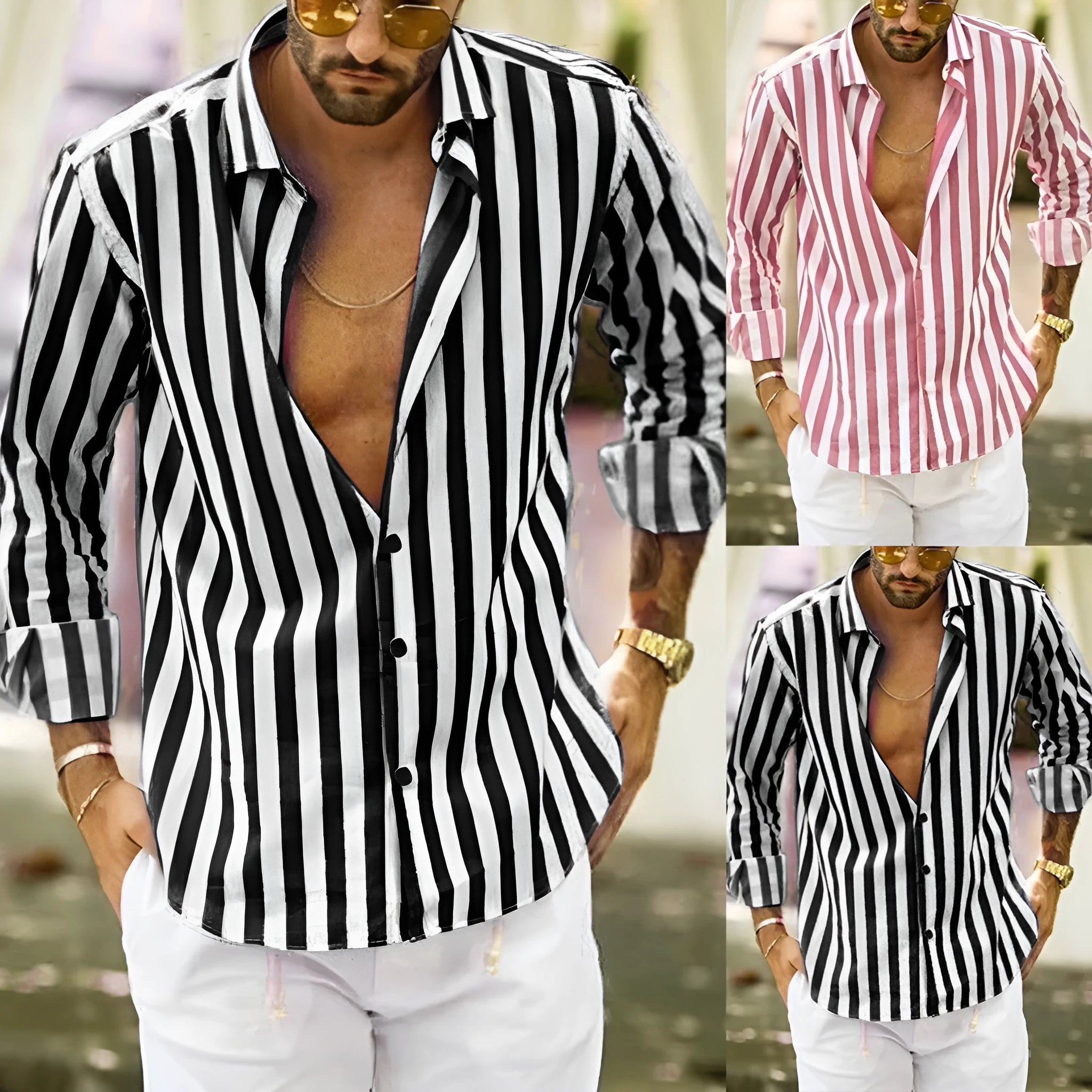 Men's long sleeve striped shirt in hemp blended fabric with four-way stretch, available in multiple colours