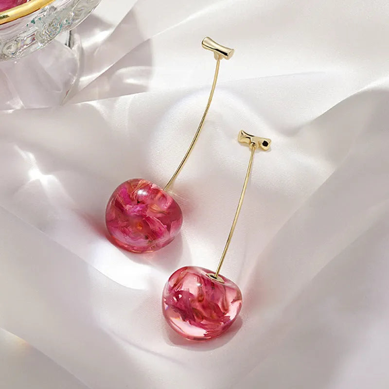 Red alloy cherry earrings with a long sweet fashionable drop design for women