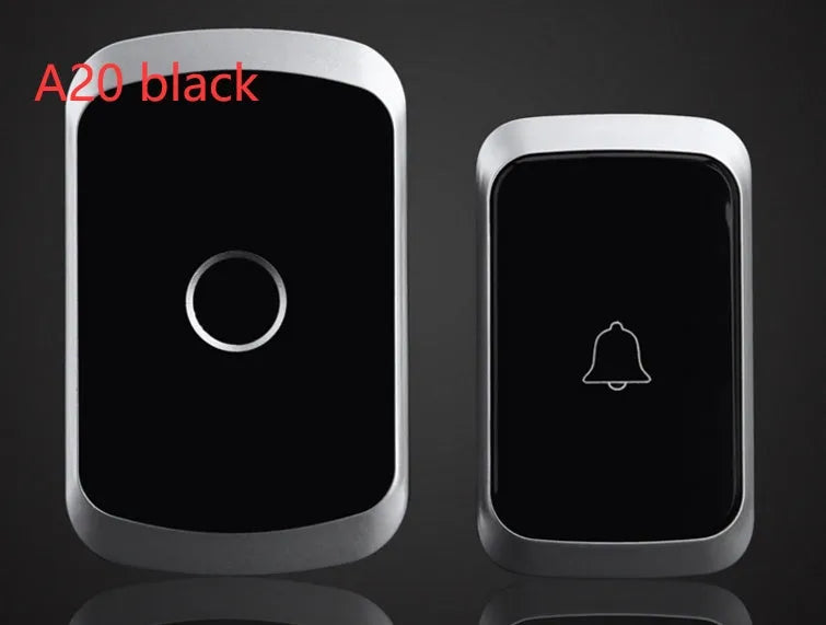 Wireless doorbell system with push-button transmitter and plug-in receiver unit showing 300m range and 36 melody options