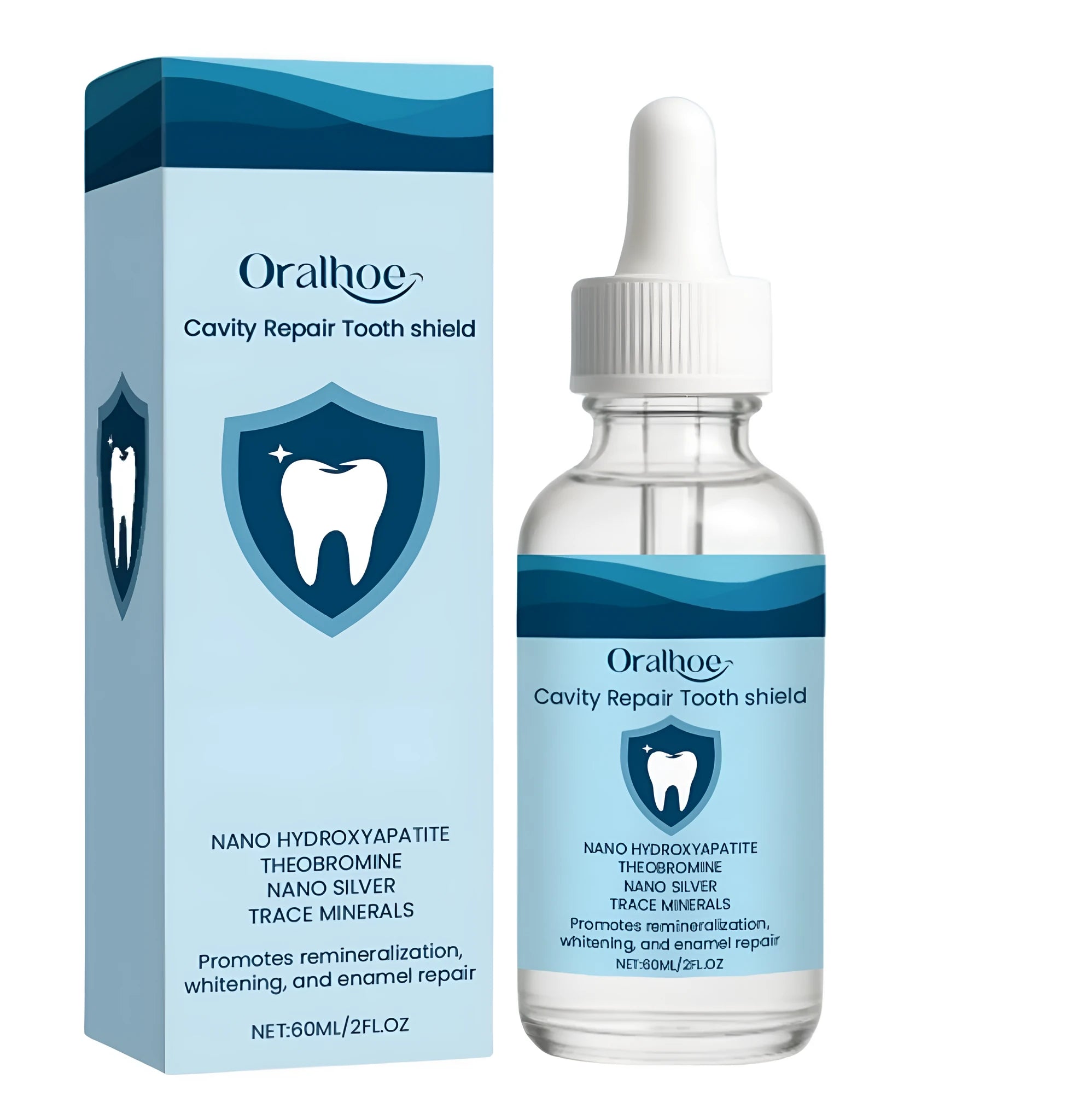 60ml bottle of dental restorative fluid with hydroxyapatite and theobromine formula.