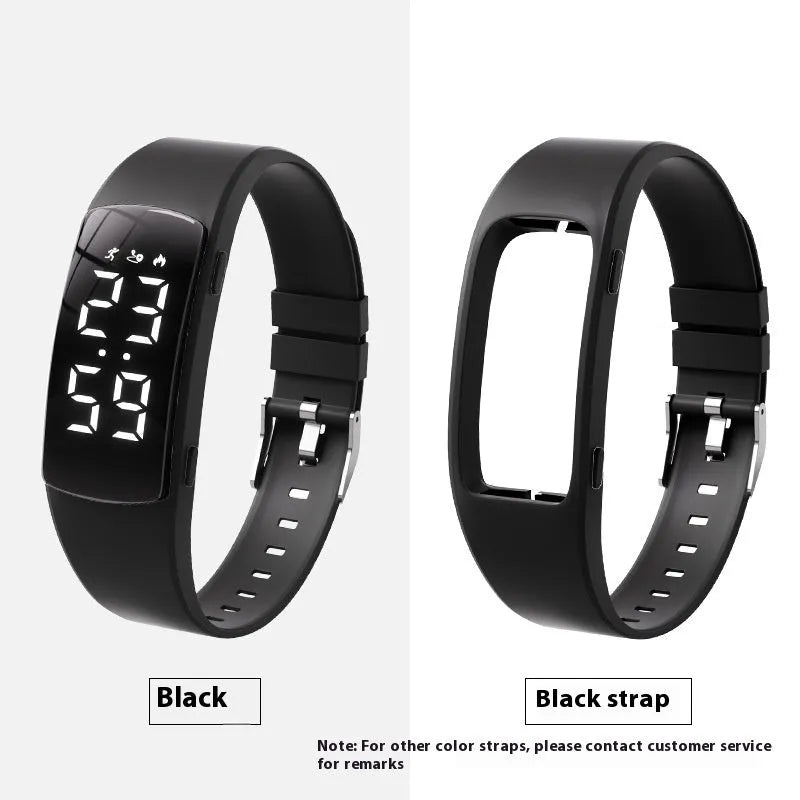 Vibration alarm clock watch with LED display on silicone strap showing multiple colour options