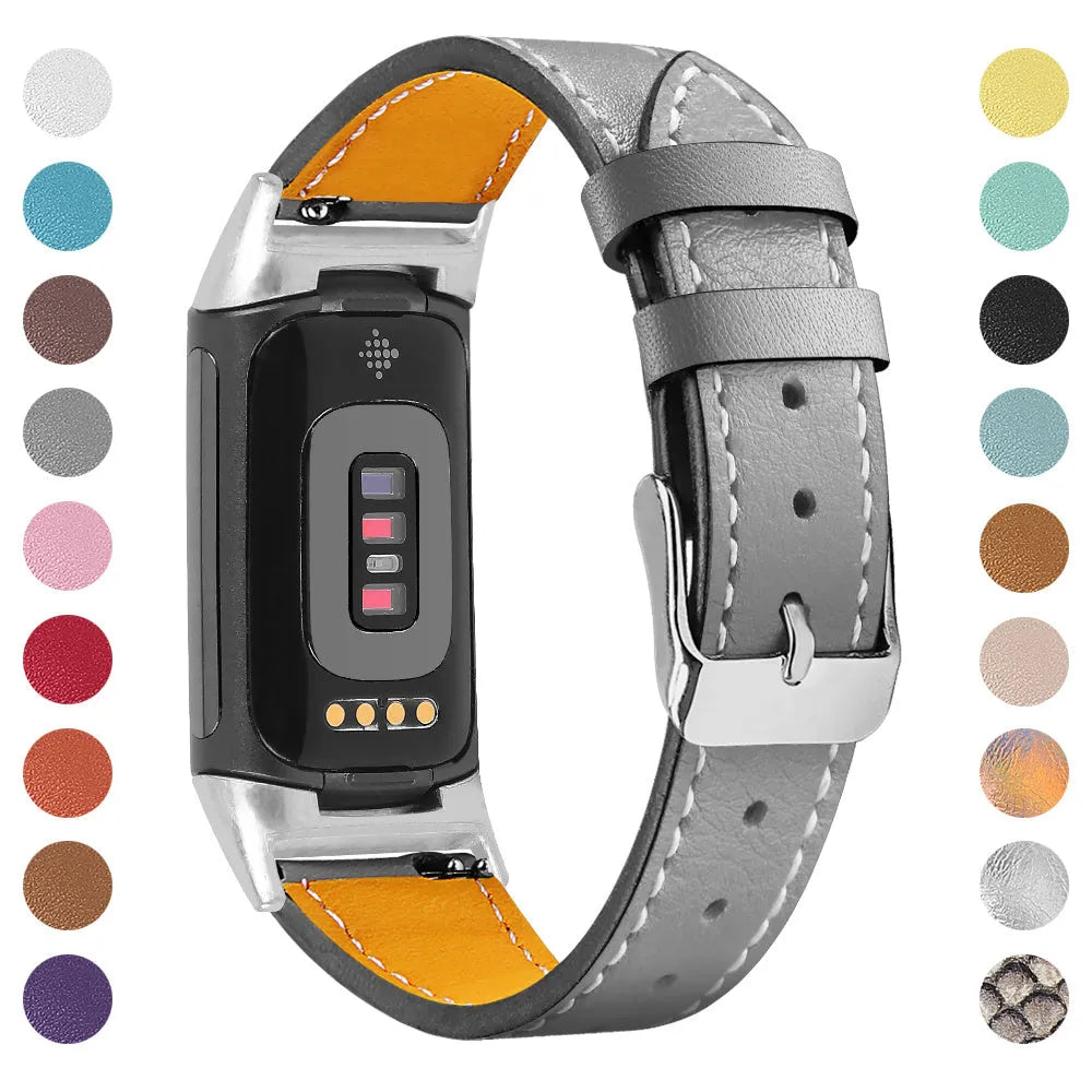 Genuine cowhide leather strap for Fitbit Charge 5 and Charge 6 smartwatch in multiple colour options.