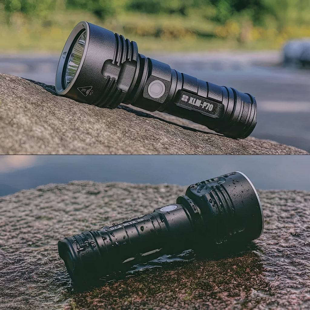 Rechargeable Super Bright LED Flashlight Focusing Light Outdoor Xenon Lamp with Aluminium Alloy Body for Caving Camping Hiking Hunting Night Fishing Patrolling - Available in L2 P20 P70 Models Single or Double Battery Options