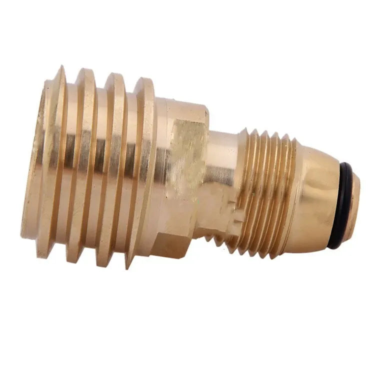 Brass gas brazier adapter with gold finish showing tapered external thread and internal thread