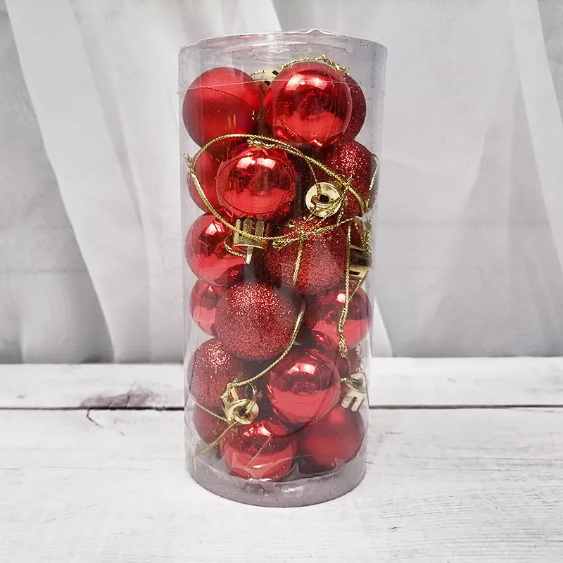 Assorted 3cm diameter electroplated plastic Christmas balls stored in a tall plastic barrel