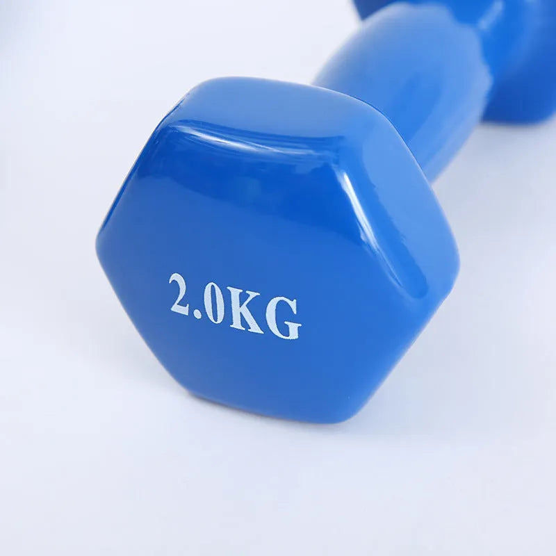 Colourful plastic-coated fitness dumbbells in bright colours for home workouts