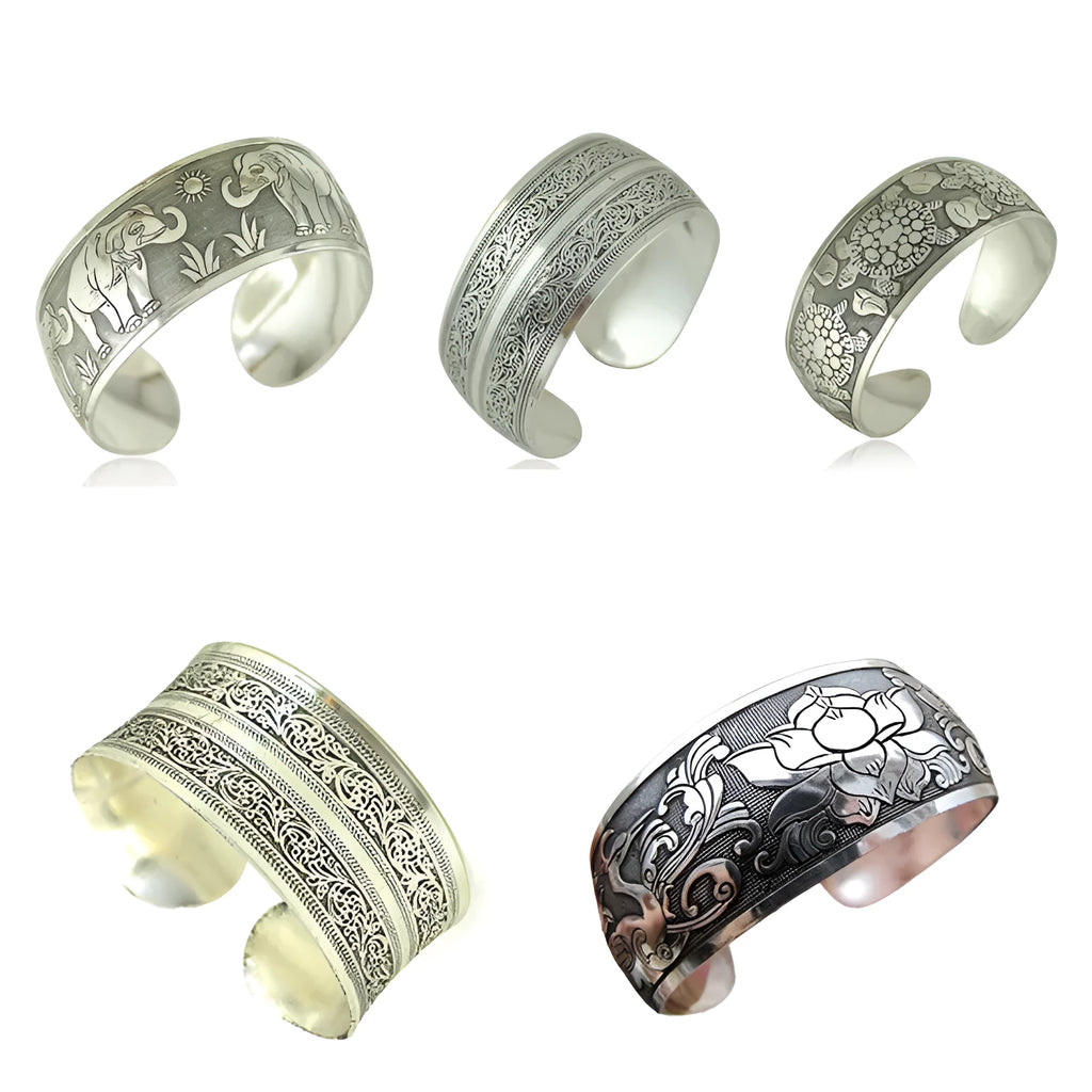 Ethnic carved open Miao silver bracelet in Roman style alloy construction