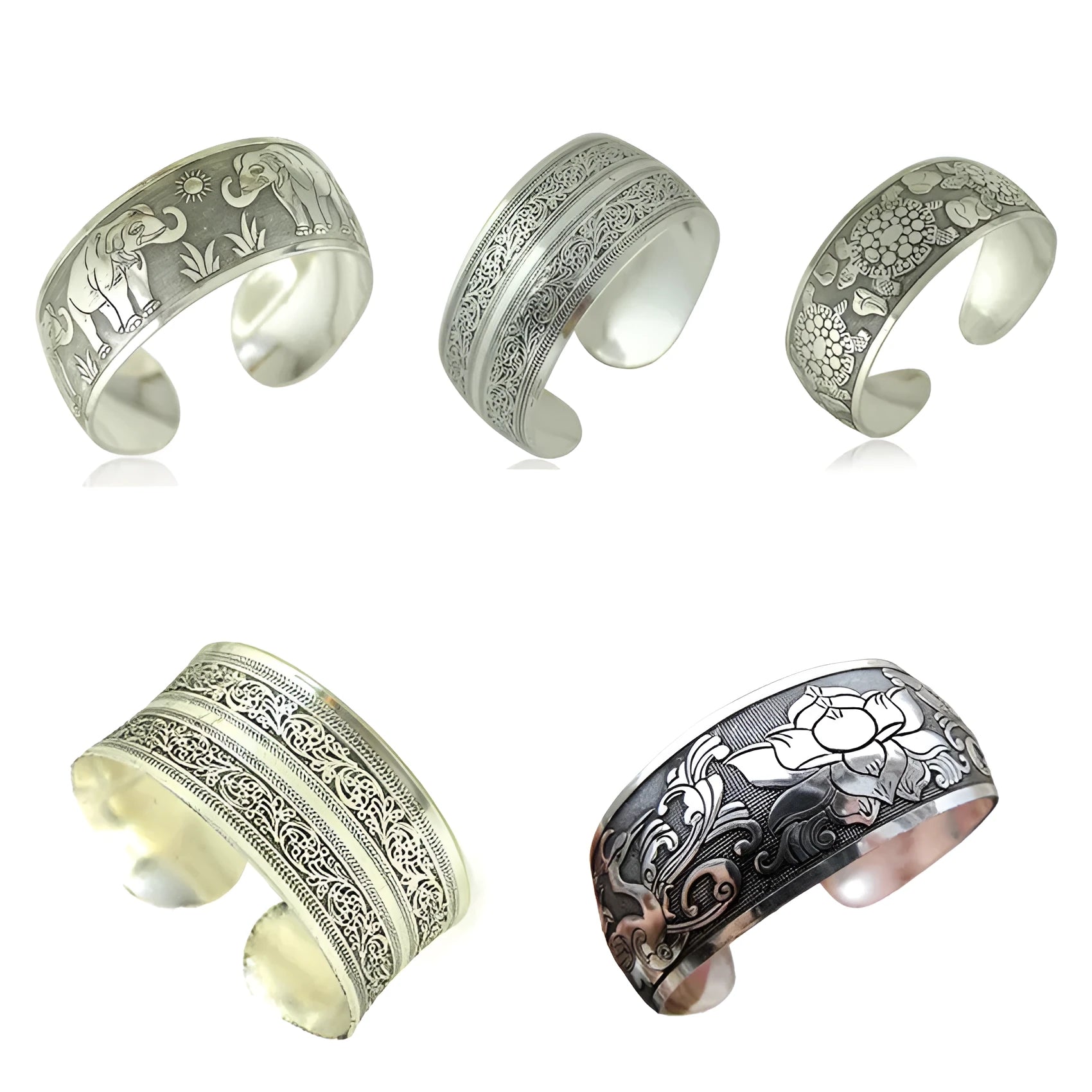 Ethnic carved open Miao silver bracelet in Roman style alloy construction