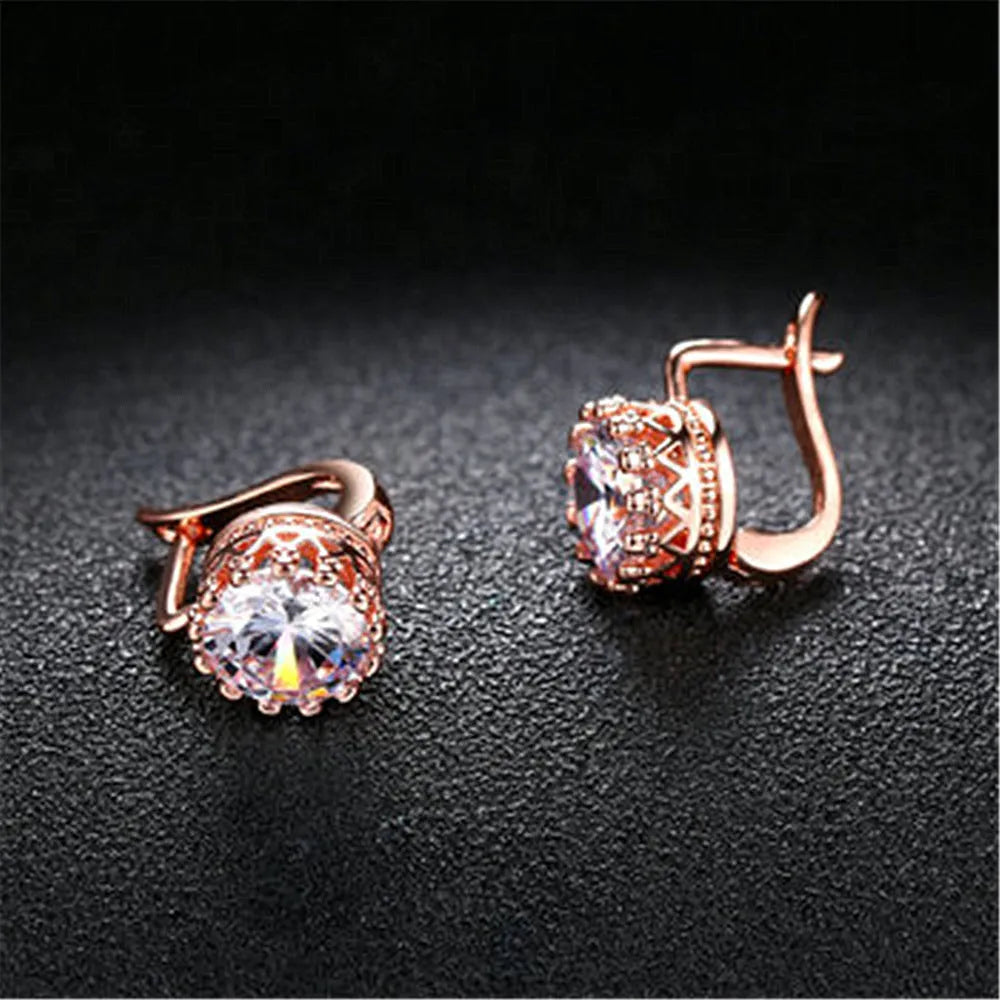 Korean retro crown shape ear clip earrings in rose gold and white gold colour with white diamond details